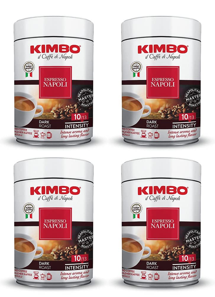 Kimbo Espresso Napoli Ground Coffee | Dark Roast | 10/13 Intensity | Intense Aroma & Long Lasting Flavor | 8.8 Oz Cans - Pack Of 4