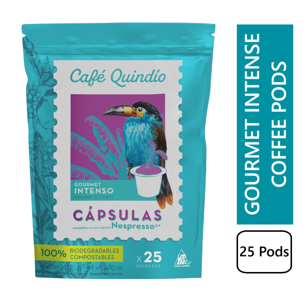 CAFE QUINDIO Compostable Coffee Pods for Nespresso Original - Gourmet Intense, 25 Count, Pack of 1