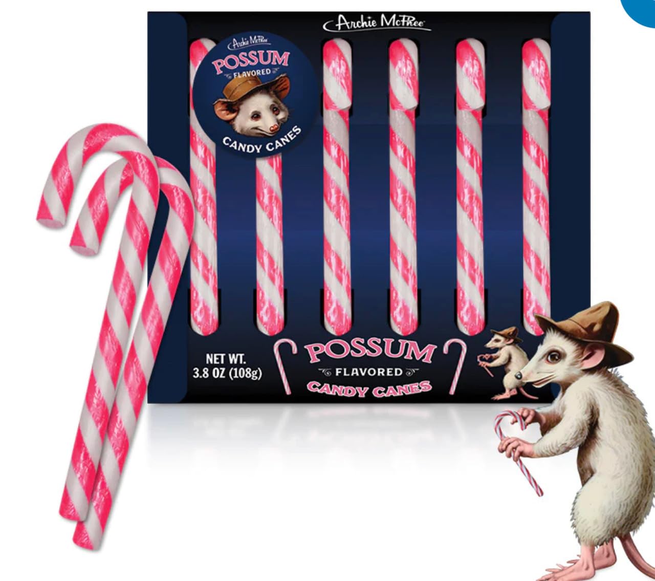 Archie Mcphee Possum Flavored Pink & Gray Striped Candy Canes - Stocking Stuffers - Christmas Candy Canes - Gift Box Of 6 Pieces Fun Novelty Candy Canes