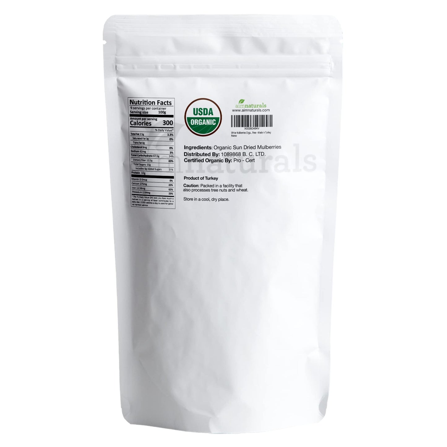 White Mulberries Dried Organic Bulk 2 Lbs Bag- USDA Organic Certified - Sun Dried, Raw, Non GMO & Gluten Free - Product of Turke