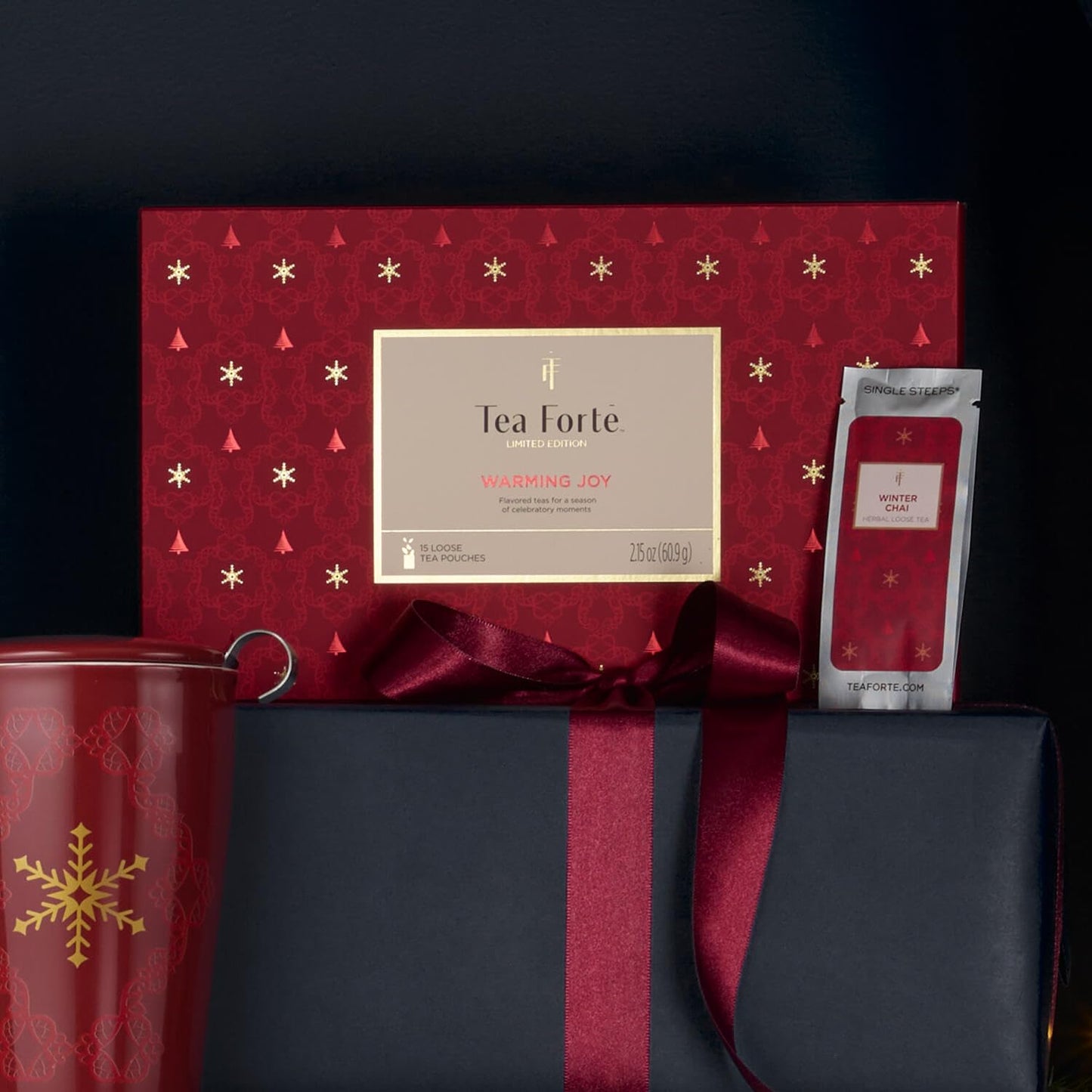 Tea Forte Warming Joy Hoilday enhanced Single Steeps Loose Leaf Tea Gift Set Sampler  15 Count 3 of Each Assorted Blends  Pre-Portioned Single Serve Pouches  Steeps 12 oz