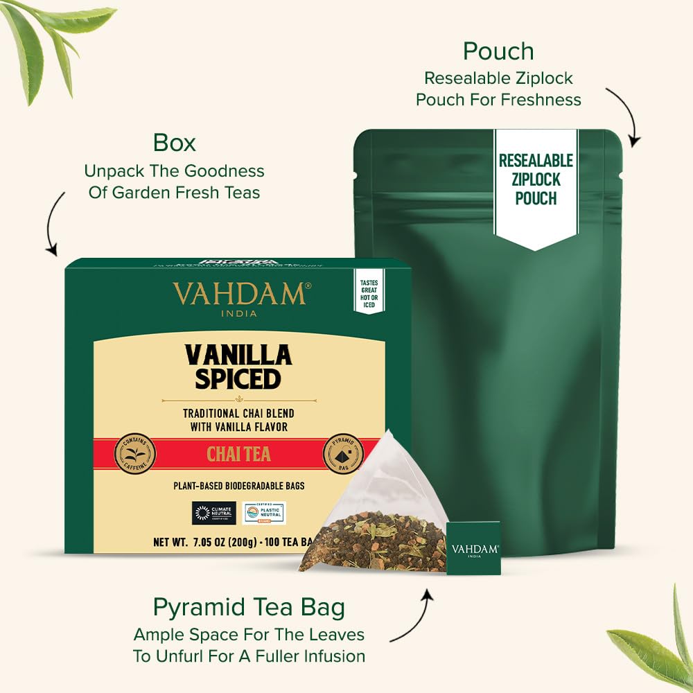 Vahdam, Vanilla Spiced Chai Tea | 100 Tea Bags | Spiced Masala Chai Tea | Delicious Blend Of Vanilla Tea | Spiced Chai Tea Bag |