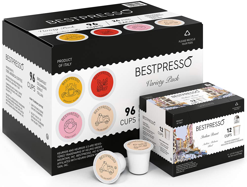 Bestpresso Coffee, Variety Pack Single Serve K-Cup Pods, 96 Count. Includes Breakfast, Colombian, Donut And Italian (Compatible With 2.0 Keurig Malt-Inspired) 8 Packs Of 12 Cups