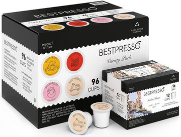 Bestpresso Coffee, Variety Pack Single Serve K-Cup Pods, 96 Count. Includes Breakfast, Colombian, Donut And Italian (Compatible With 2.0 Keurig Malt-Inspired) 8 Packs Of 12 Cups