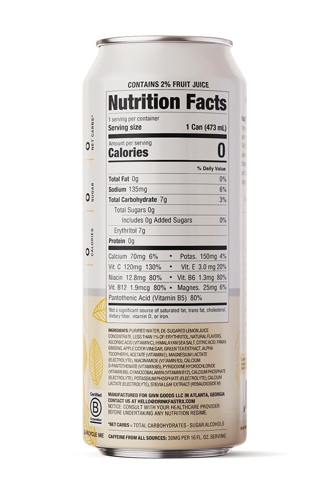 Fastrx Meyer Lemon Still Fasting Electrolytes Drink – Sugar Free Electrolytes For Glp-1 Hydration Support, Hunger Suppressant With Vitamins & Minerals – Zero Calories & Carbs – 16Oz, 12-Pack