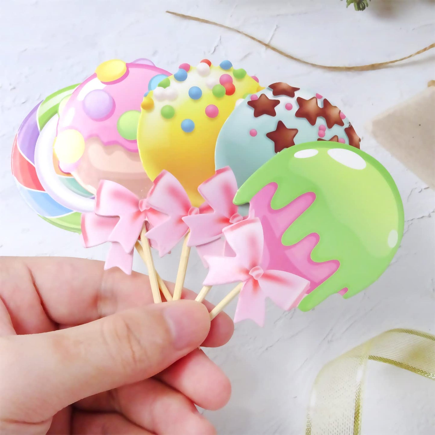 Yueton 20Pcs Cute Sweet Candy Lollipop Ice Cream Cupcake Toppers Cake Toppers Candyland Themed Cake Decorations For Baby Shower,