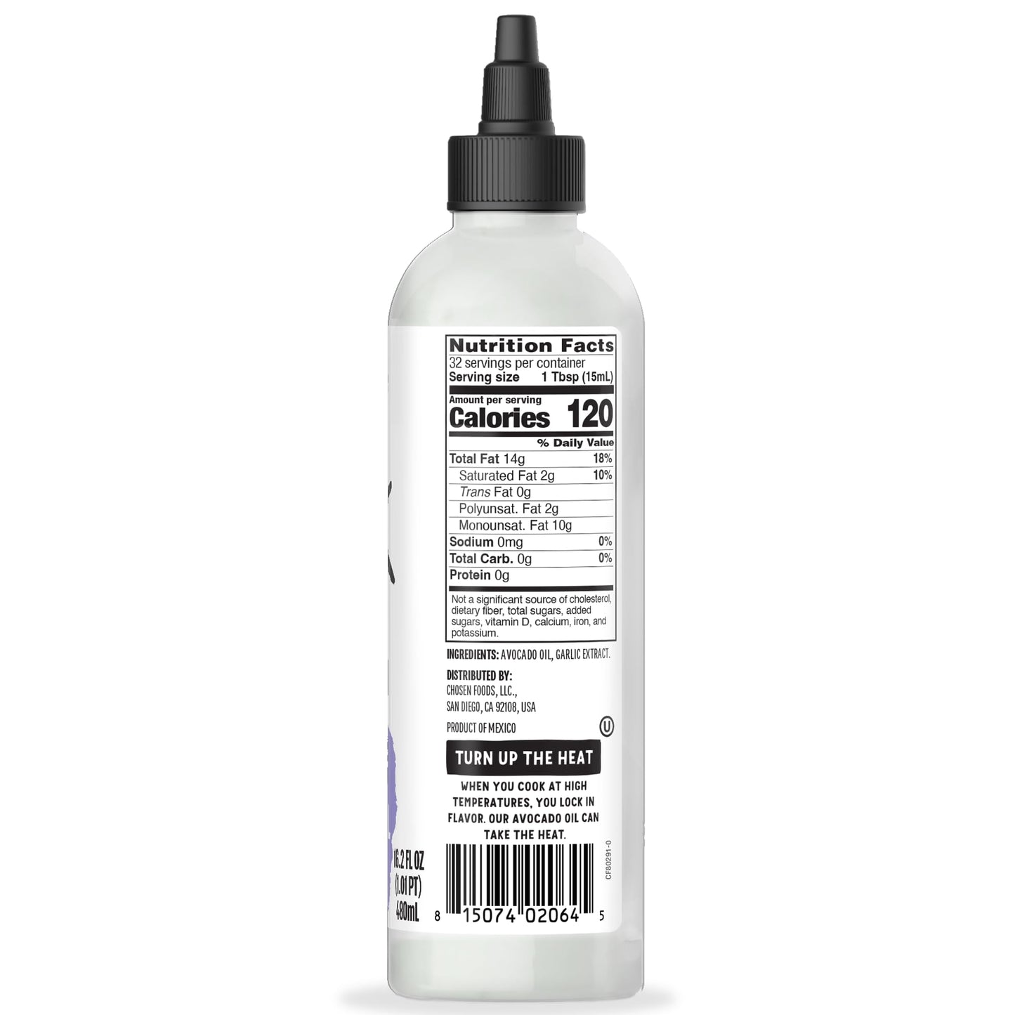 Chosen Foods Garlic Avocado Oil Squeeze Chef'S Bottle - 16.2 Fl Oz - For Drizzling, Saut  Ing, Roasting & Searing - High Smoke P