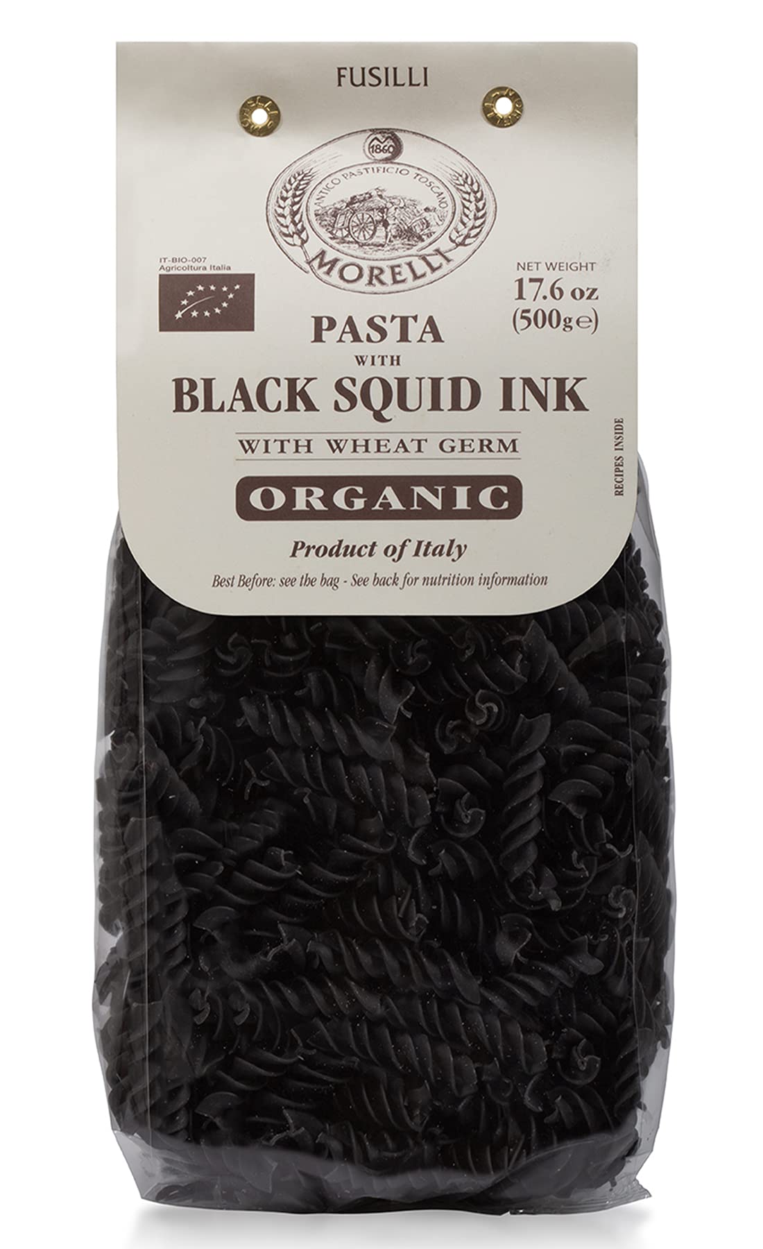 MORELLI Squid Ink Pasta Fusilli - Organic Durum Wheat Semolina - 17.6 Ounce - Black Pasta Noodles - Made in Italy