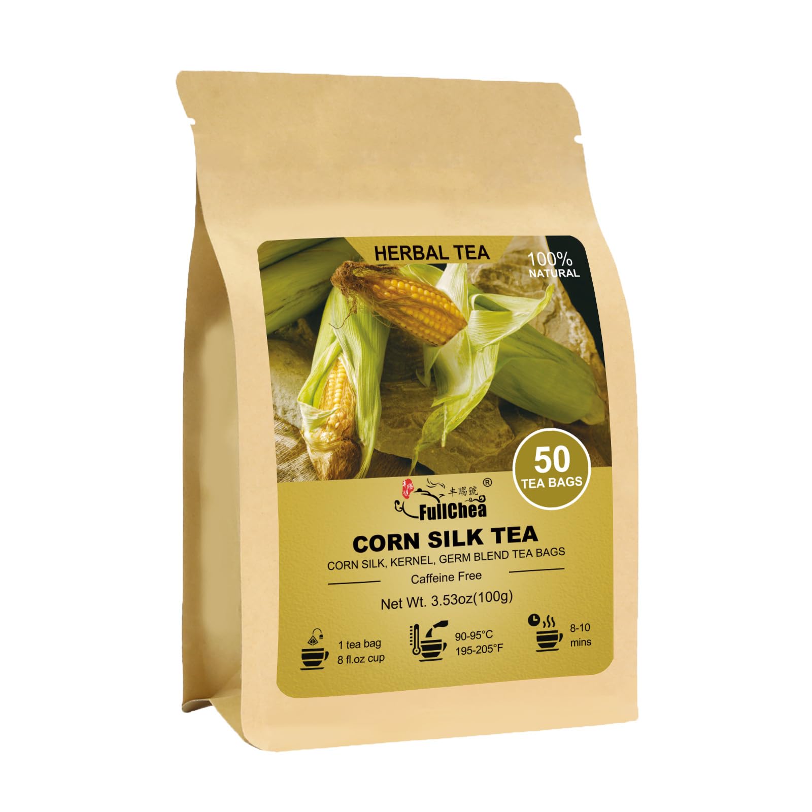 FullChea Corn Silk Tea Bags - 50 Count - Non-GMO, Caffeine-Free, Subtly Sweet Flavor, Supports Kidney & Aids Digestion