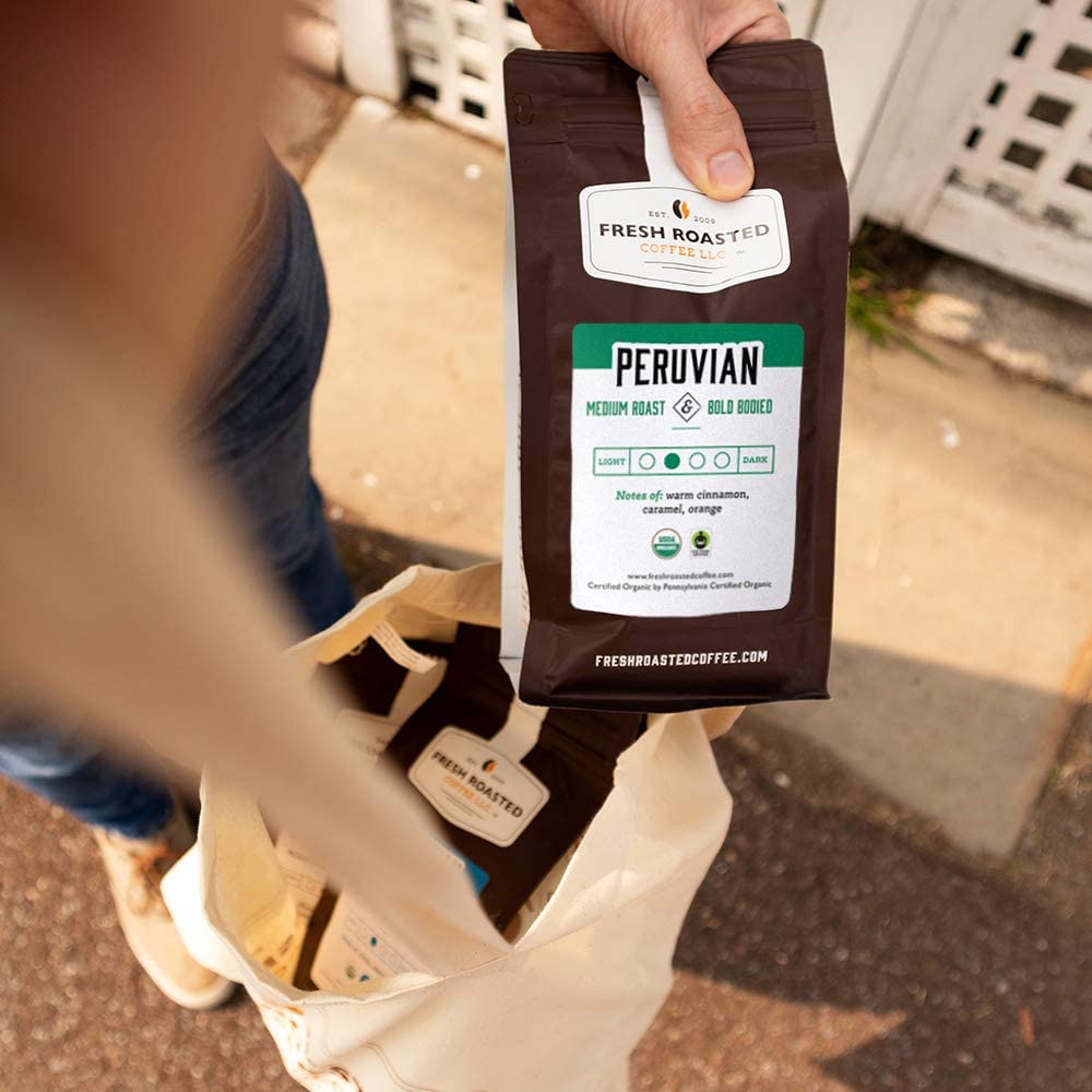 Fresh Roasted Coffee, Organic Peruvian, 5 lb (80 oz), Medium Roast, Fair Trade Kosher, Whole Bean