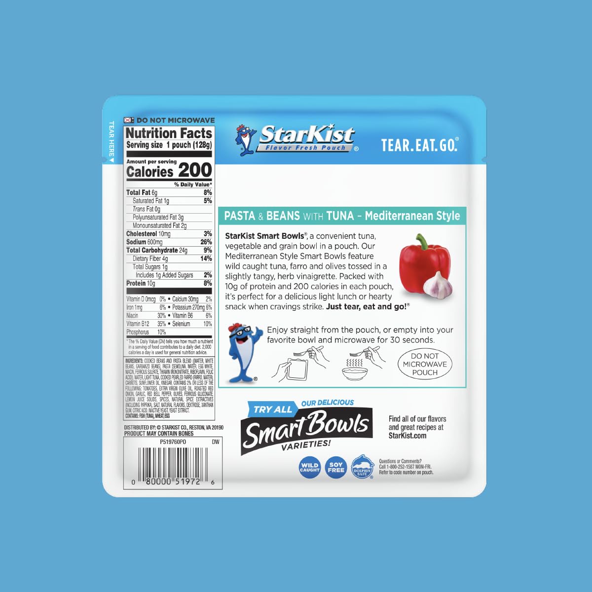 Starkist Smart Bowls Tuna, Pasta And Beans, Mediterranean Style, 4.5 Oz Pouch, Pack Of 12