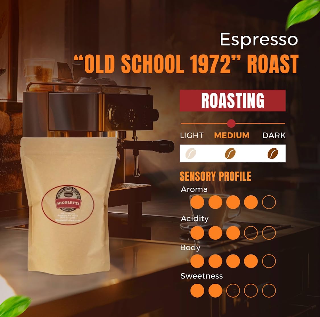 Nicoletti Coffee Old School 1972 Espresso Roast 12oz Whole Beans (Made in Brooklyn NY since 1972) Fresh roasted with date.