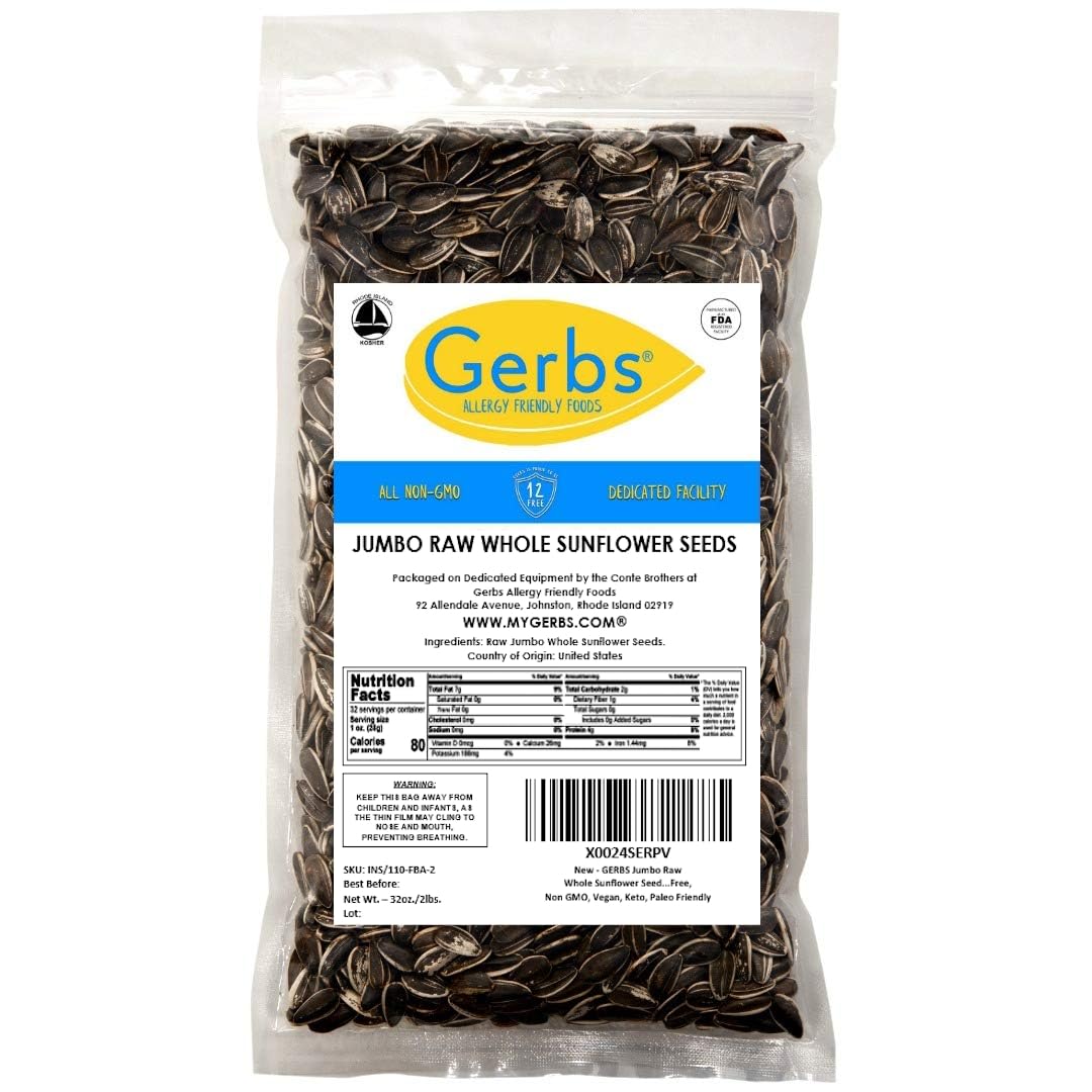 GERBS Jumbo Raw Whole Sunflower Seeds | Top 14 Allergy Free | 2 LBS Resealable Bag