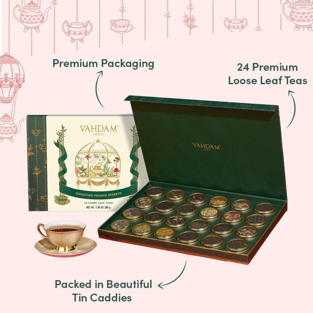 VAHDAM elegant Tea Gift Set - 24 Unique Loose Leaf Teas in Tin Caddies, Gluten Free, Non GMO, Perfect Gift for mature-themeds