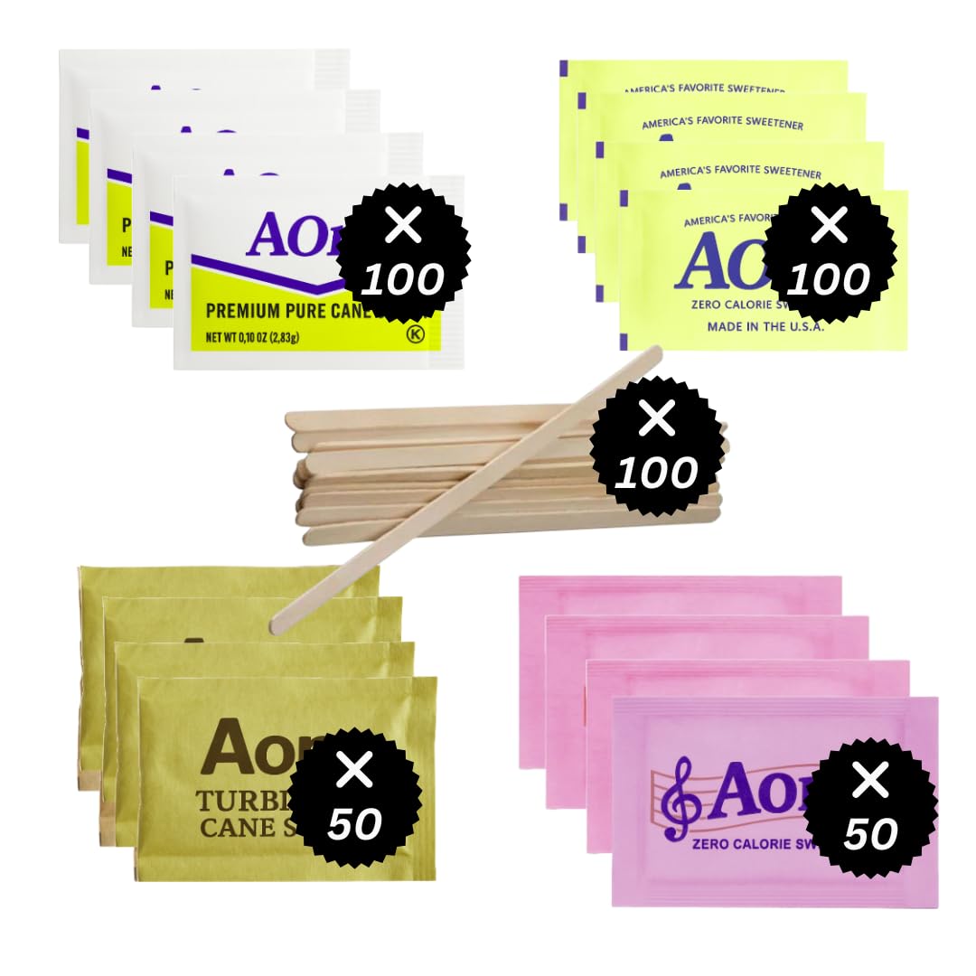 Sugar Assortment Packets | Sugar and Sweetener Assortment Packets with Wooden Stirrers, 400 Count, for Home and Office by A-one