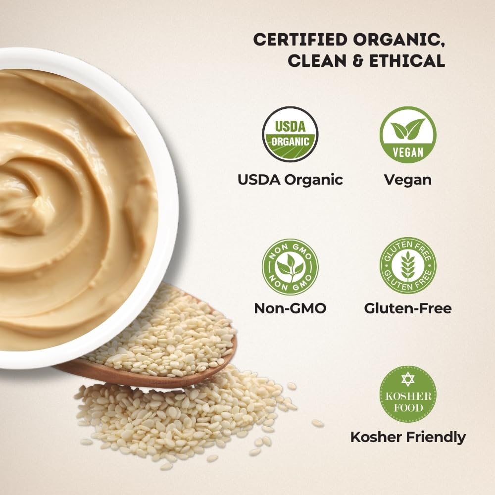THE HOLLY TREE Organic Tahini Paste - Smooth, USDA Certified, Gluten Free, 16 oz
