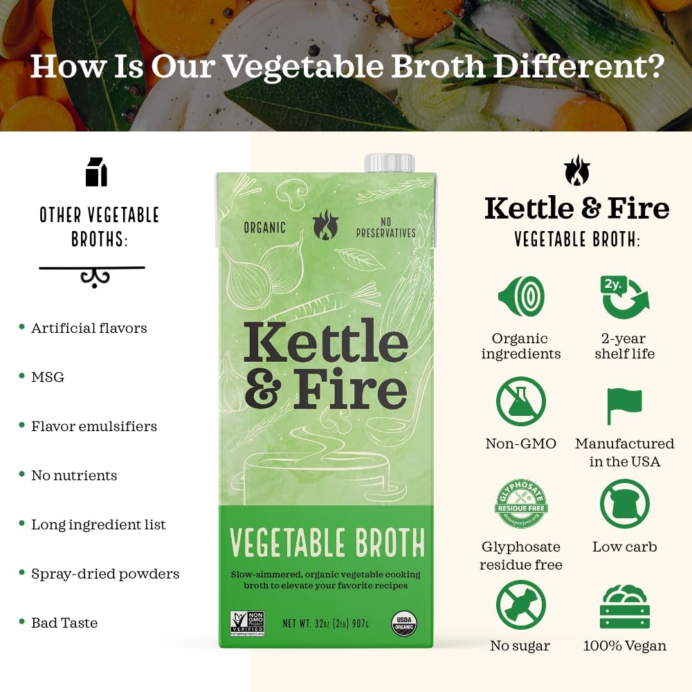 Vegetable Broth By Kettle And Fire - Fresh Vegetables Soup, Gluten-Free, Paleo Friendly, Dairy Free, Keto Diet, Natural Soup Bas