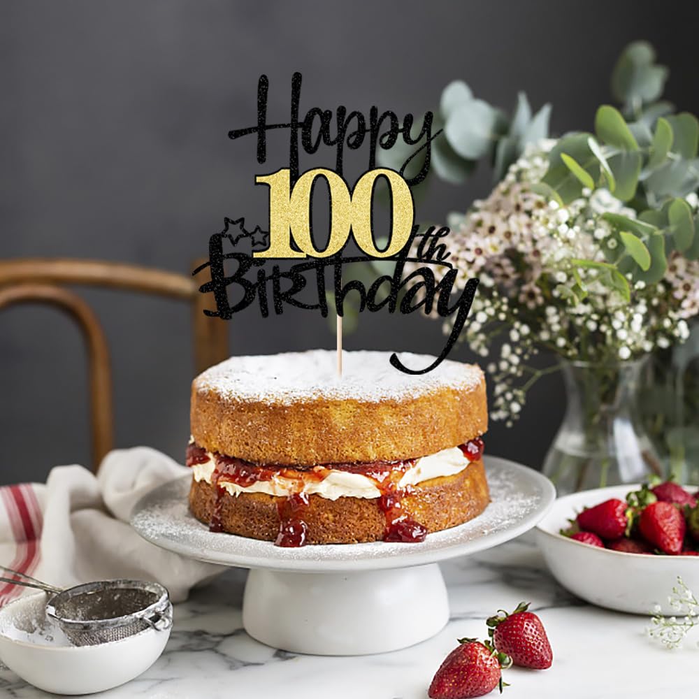 Kaoenla Black Gold Glitter Happy 100Th Birthday Cake Topper - Hello 100/Cheers100,Happy Fourteen Birthday Anniversary,100 Years
