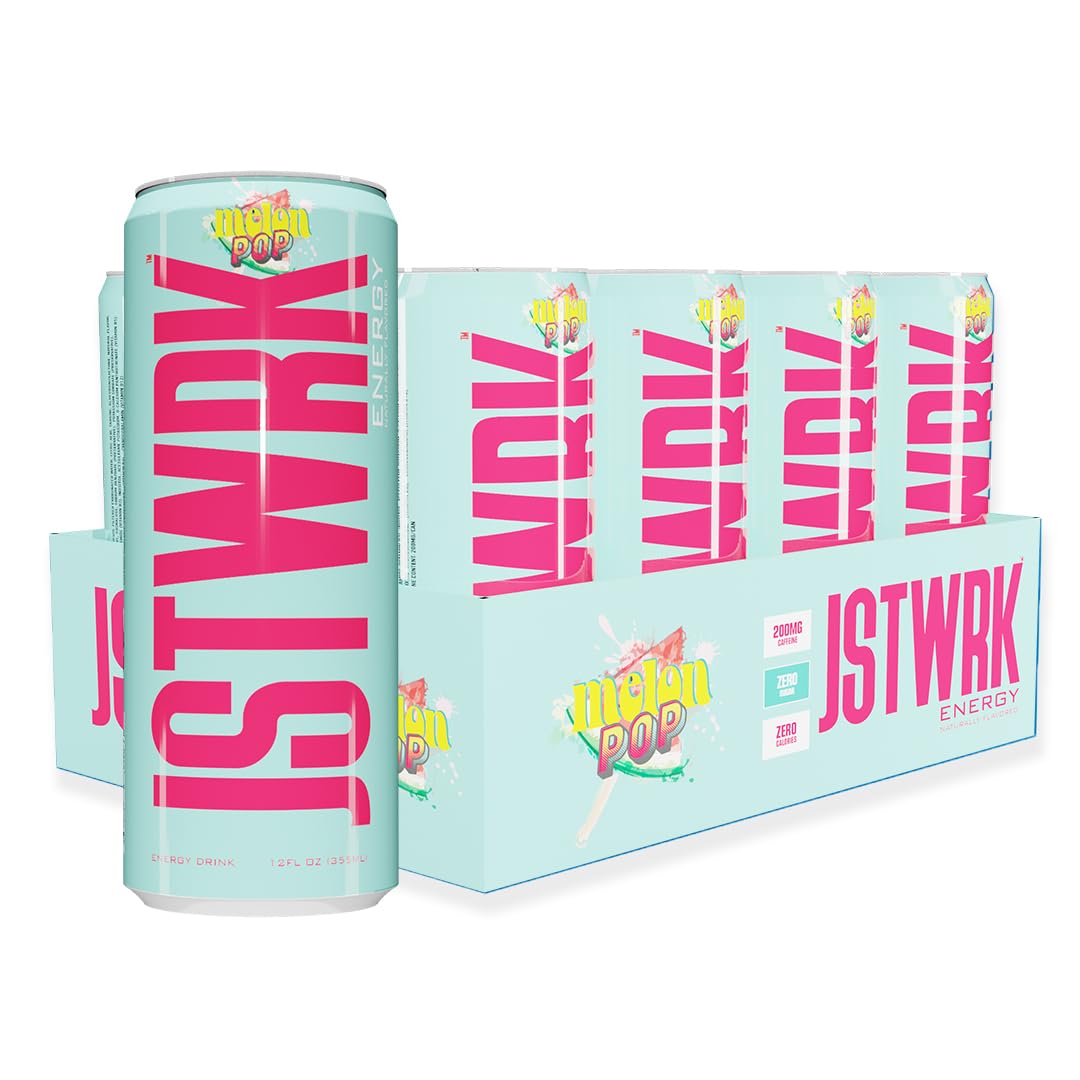 JST WRK Energy Drink - Sugar-Free, Zero Calories, 200mg Caffeine - 12-Pack, 12 Fl Oz, Melon Pop