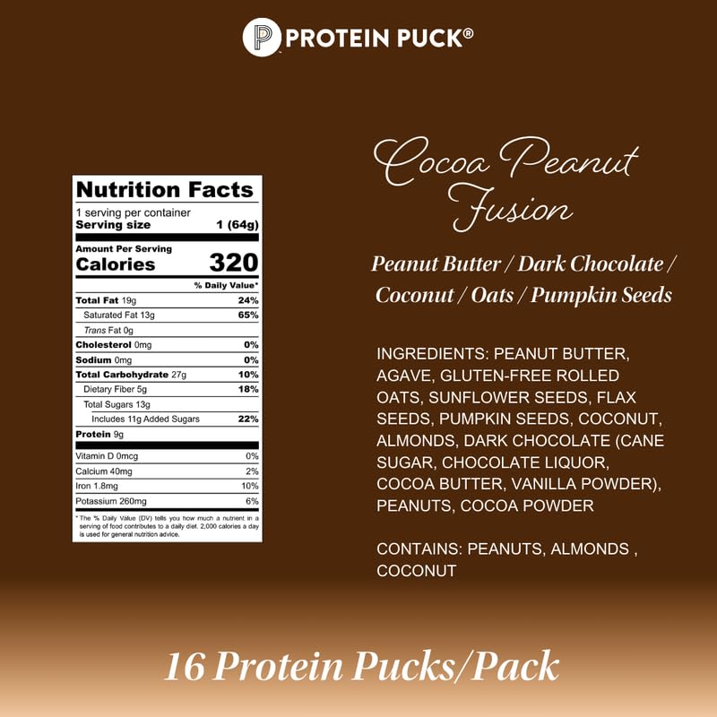 Protein Puck Plant Based Bars, Vegan Protein, Gluten Free, Non Dairy, 16 Count, 2.25 oz, Cocoa Peanut Fusion