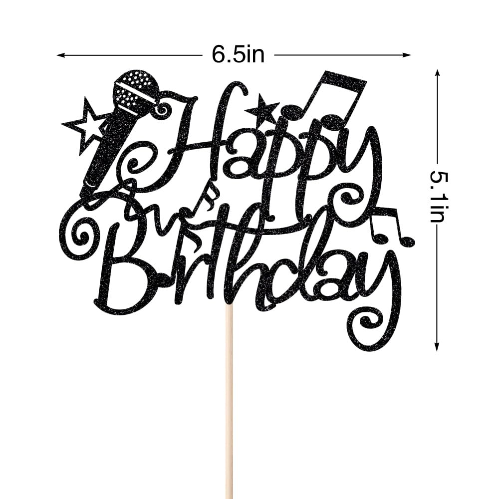 Naicaek Black Glitter Microphone Happy Birthday Cake Topper,Music Lover Birthday Decorations,Karaoke Musical Theme Birthday Part