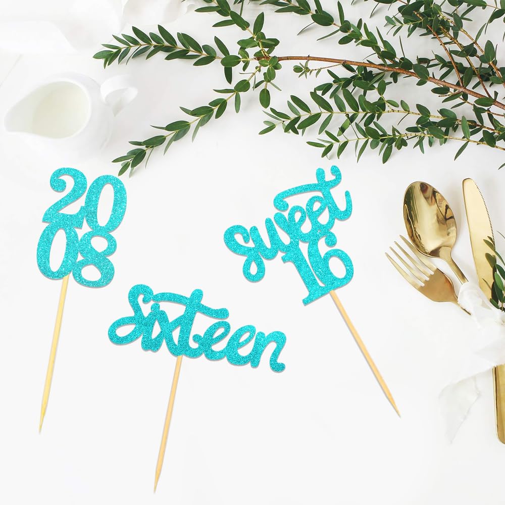 24 Pcs Sweet 16 Blue Glitter Birthday Cupcake Toppers for 16th Birthday Celebrating Party Decorations (Blue)