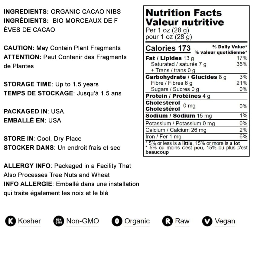 Food to Live Organic Cacao Nibs, Unsweetened, Non-GMO, Raw, Vegan, 8 Pound Bulk