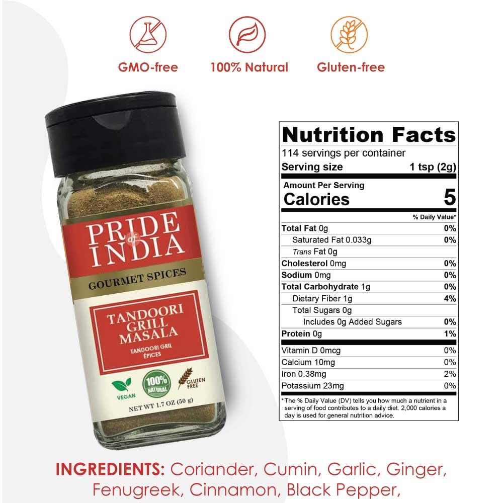 Pride Of India ?Tandoori Grill Masala ?Blend Of Exotic & Gourmet Spices ?Ideal For Vegetable, Meat & Chicken Cooking ?Gmo Free ?