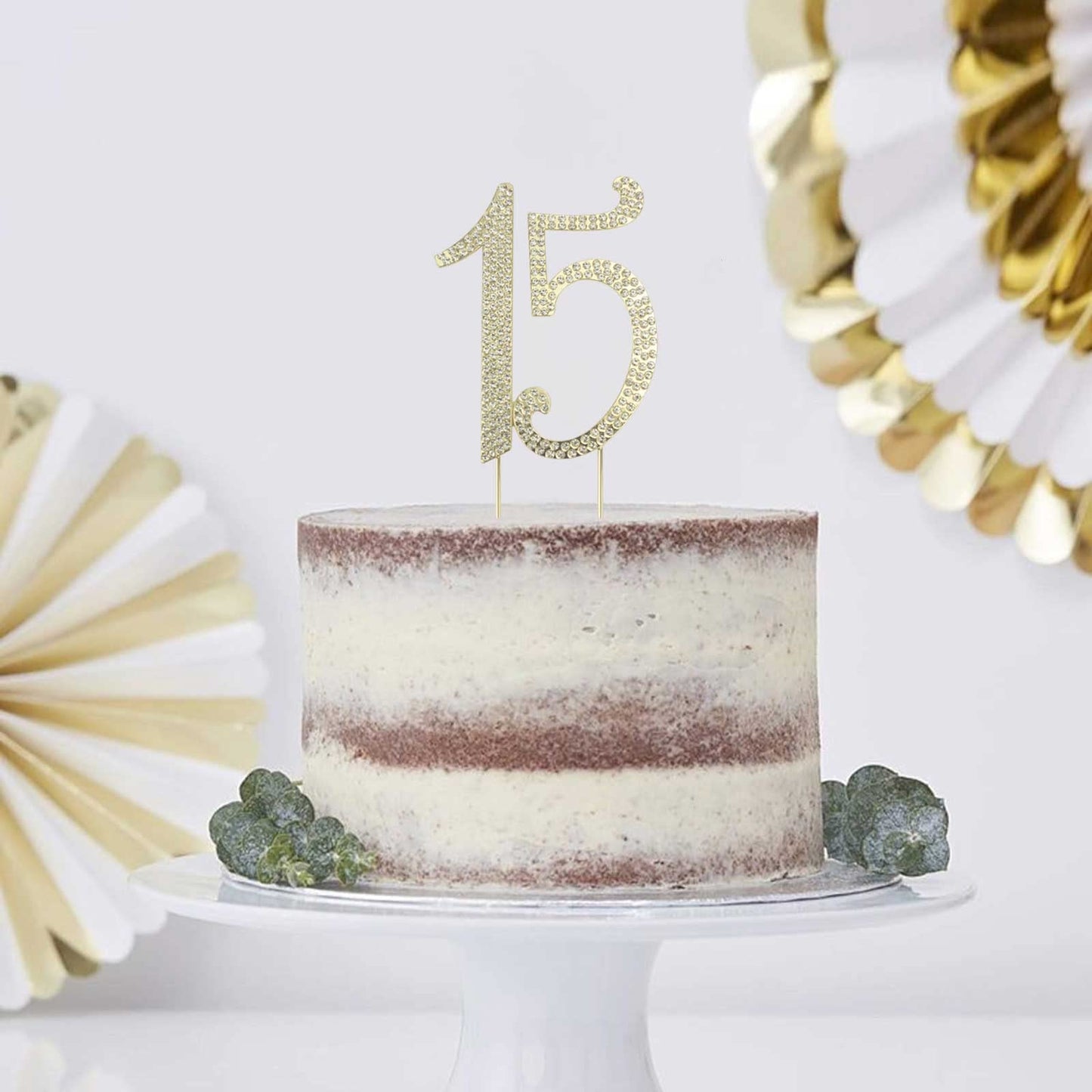 Janou 15 Cake Topper Number 15 Crystal Rhinestones 15Th Cake Decoration For Birthday Anniversary Party Decoratio (Gold)
