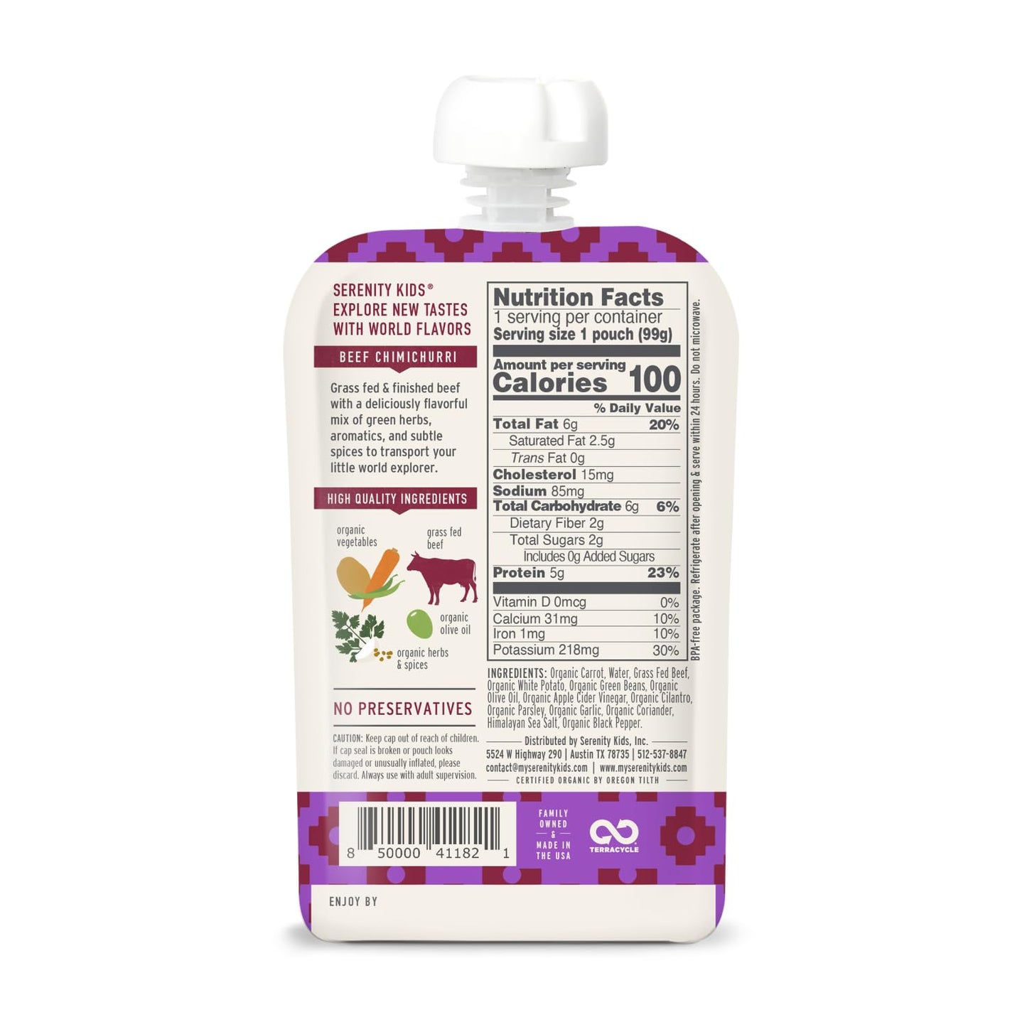 Serenity Kids 7+ Months Baby Food Pouches - Beef Chimichurri 3.5 Oz Pack Of 12-5G Protein Nutrient-Packed Meat Snacks - Bpa-Free Organic Veggie Pouches - On-The-Go Toddler Snacks & Baby Essentials