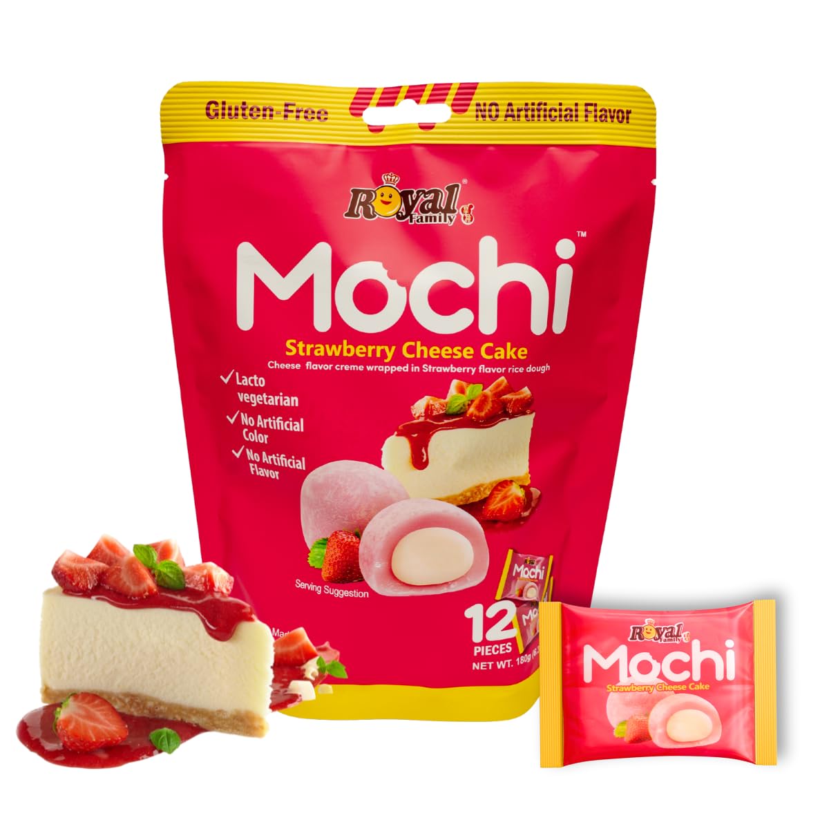 Generic Japanese Mochi Strawberry Cheesecake - Lacto Vegetarian, 12 Individually Wrapped Pieces, 6.35oz (9 x 7 x 2.2 inches)
