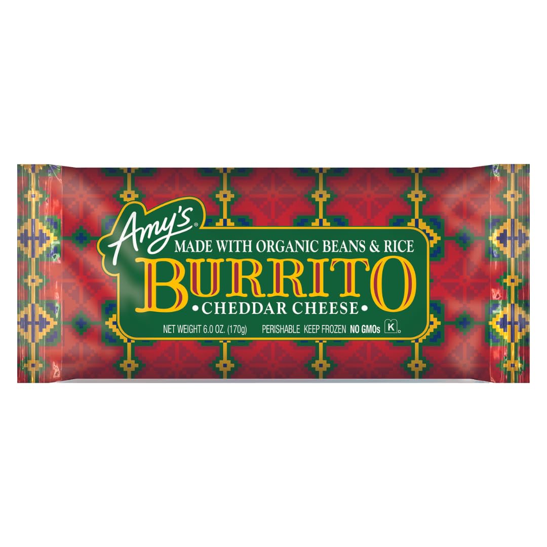 Amys Frozen Meals, Cheddar Cheese Burrito with Organic Rice and Beans, Microwave Meals, 6.0 Oz