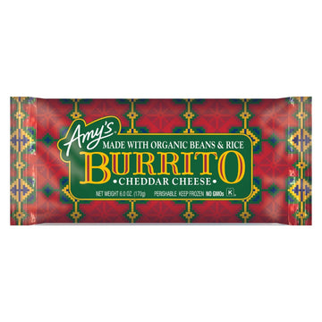 Amys Frozen Meals, Cheddar Cheese Burrito with Organic Rice and Beans, Microwave Meals, 6.0 Oz
