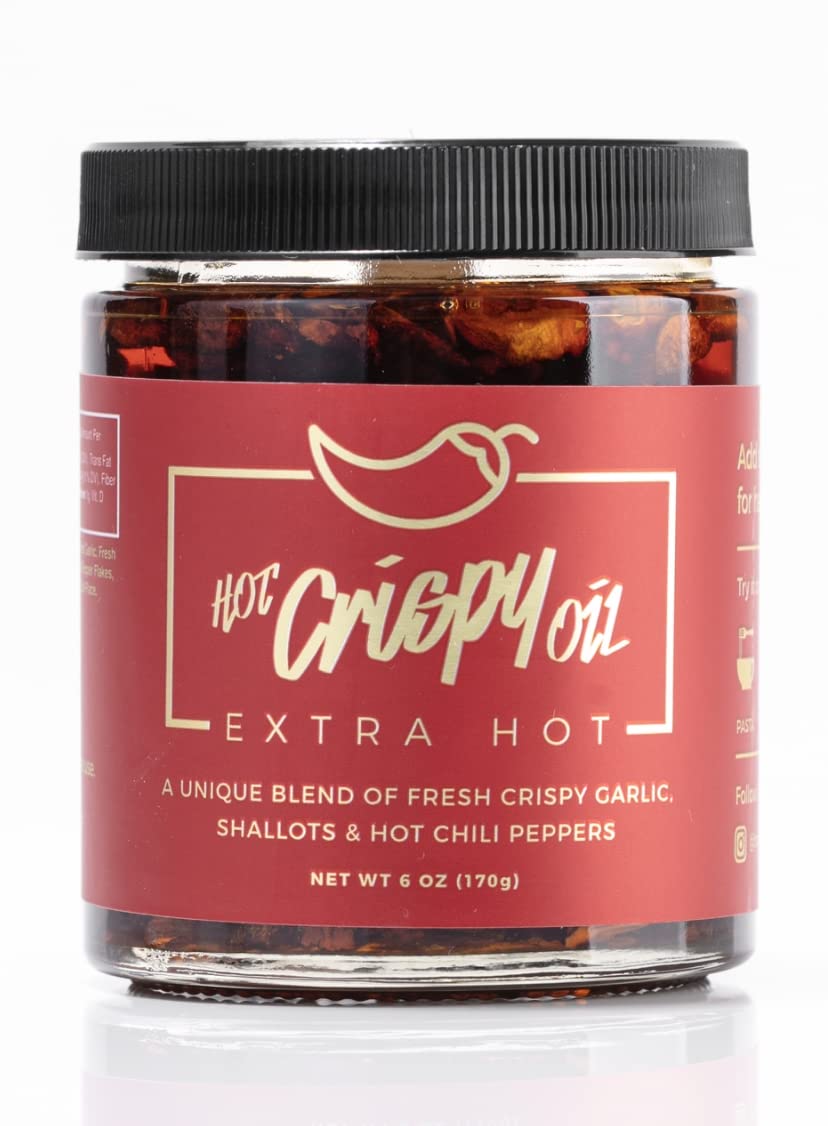Hot Crispy Oil Chili Crisp - Fried Garlic, Shallots & Chili Peppers, 6 Ounce, Red/Black/Gold