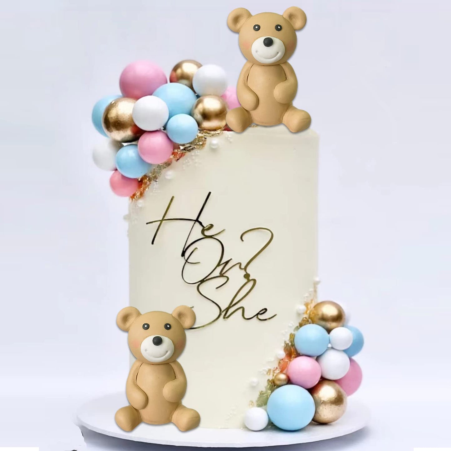 Brown Bear Balls Gender Reveal Cake Toppers For Birthday Baby Shower Party Decorations (Pink Blue)
