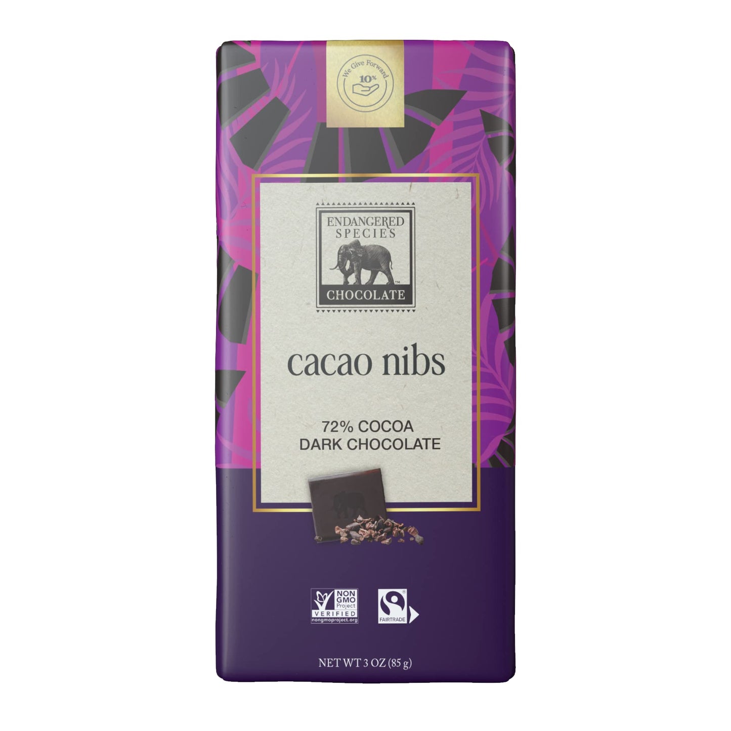 Endangered Species Chocolate Dark Chocolate Bar with Cocoa Nibs, 3 Ounce, Pack of 12
