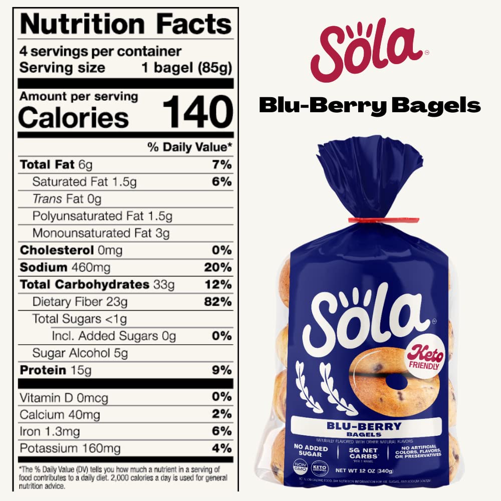 SOLA Low Carb Keto Friendly Bagels, Blu-berry, 6g Net Carbs, 18g Protein, 12 oz (4 Bagels/Pack), Pack of 2