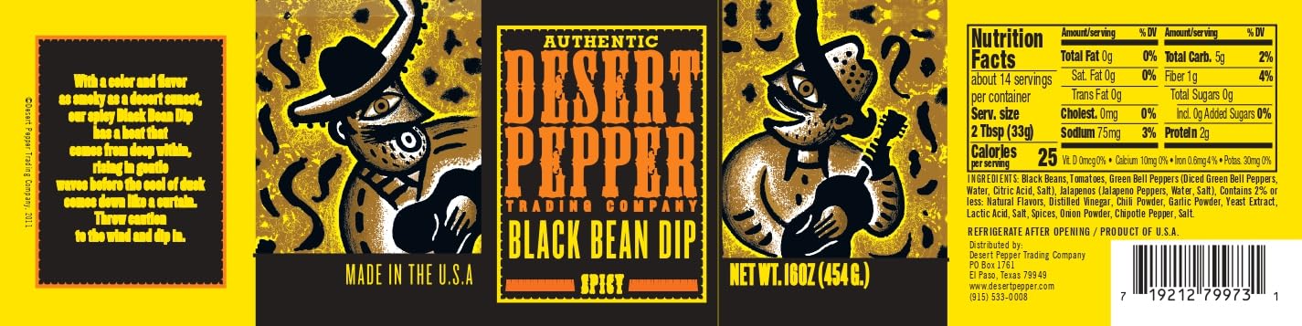 Desert Pepper Spicy Black Bean Dip with Black Beans, Jalapeno Peppers and Fresh Vegetables, Gluten-Free, Low Carb Snack 16 oz, 6