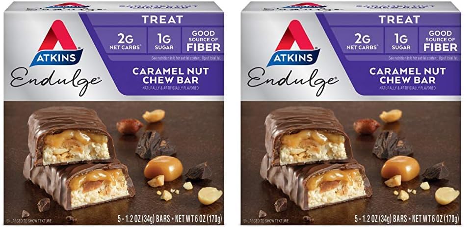 Atkins Endulge Caramel Nut Chew Bar, Dessert Favorite, 1G Sugar, Good Source Of Fiber, 5 Count (Pack Of 2)