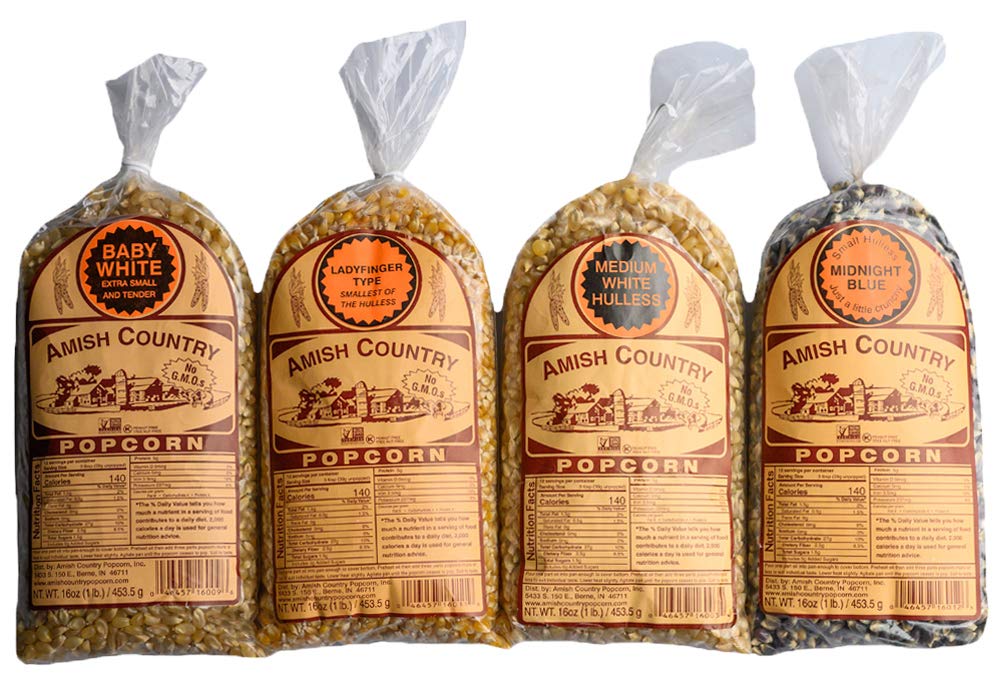 Amish Country Popcorn | 4-1 Lb Bags | Variety Pack | 1 Lb Baby White -1 Lb Medium White - 1 Lb Ladyfinger And 1 Lb Midnight Blue