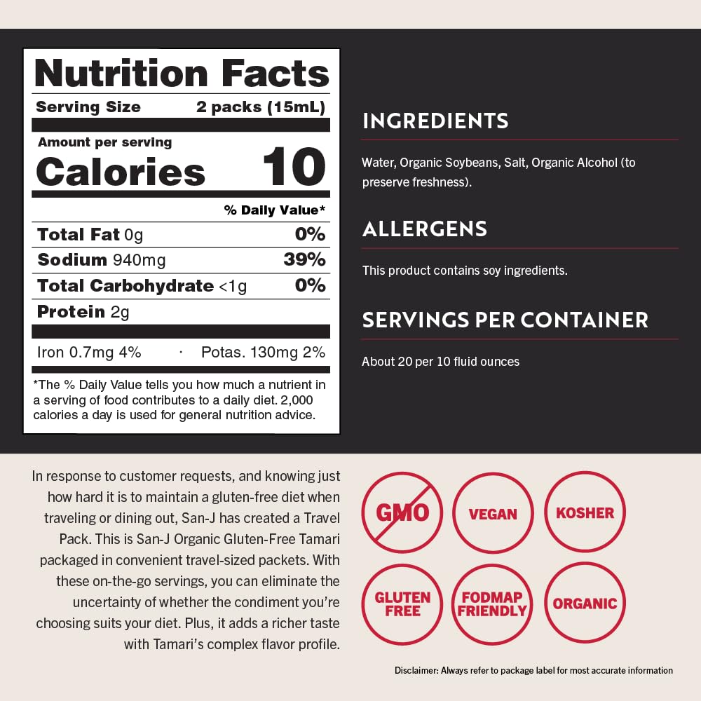 San-J - Organic Gluten Free Tamari Soy Sauce - Made With 100% Whole Soy - Specially Brewed - 1/4 Oz. Individual Portioned Packet