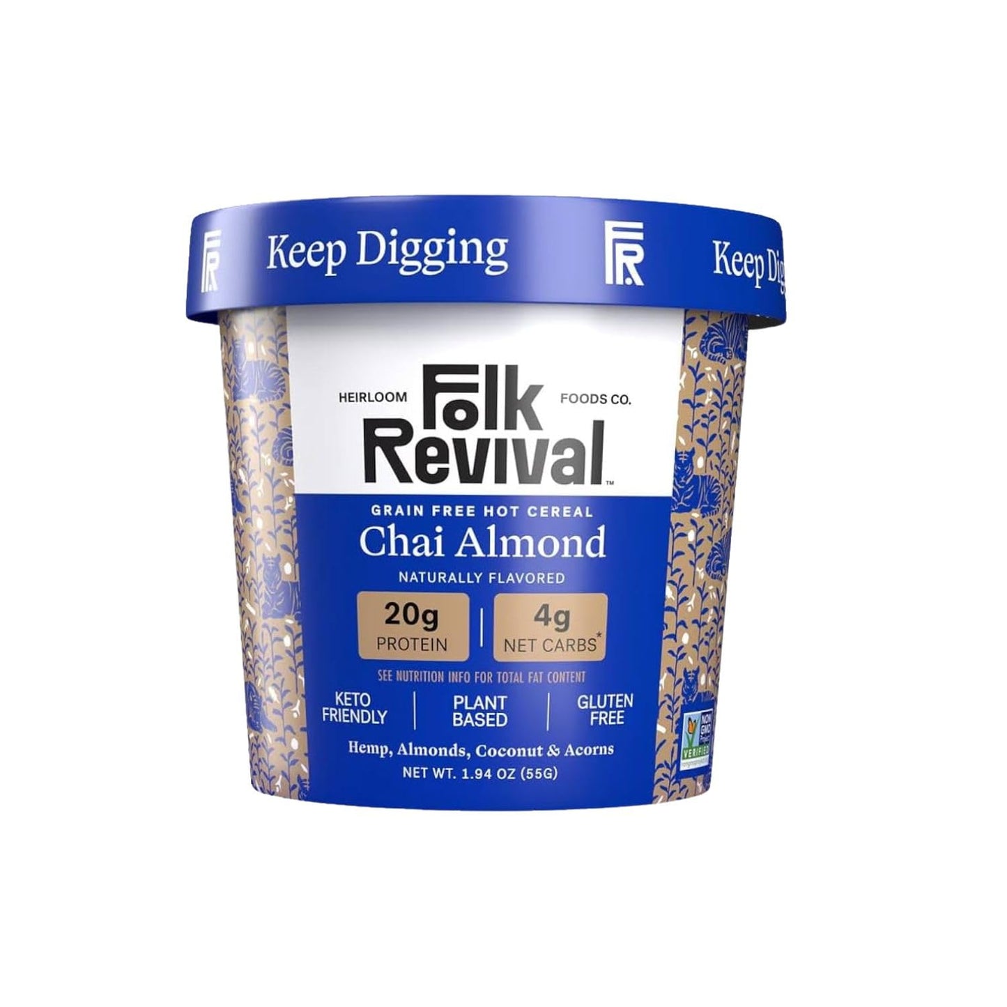 Folk Revival Chai Almond Keto Instant Oatmeal - 20G Protein, 4G Net Carbs, High Fiber, Non Gmo, Gluten Free, Made With Acorns -