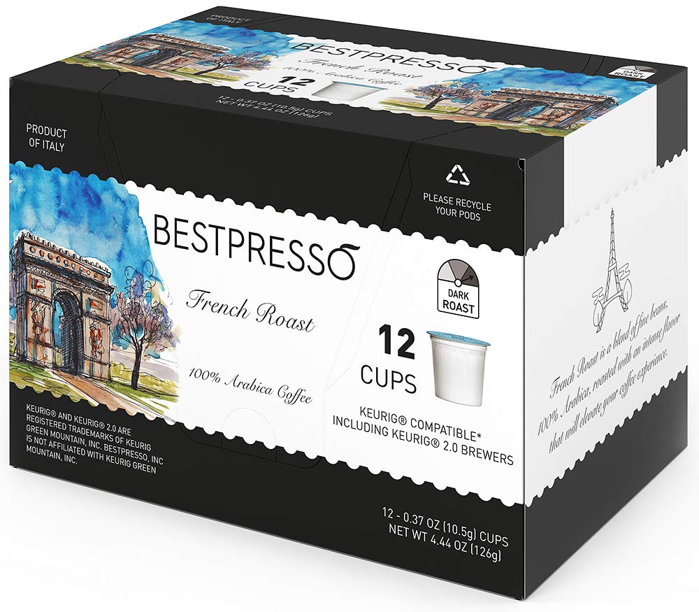 Bestpresso Coffee French Roast K-Cup Pods, Dark Roast, 96 Count, Compatible with 2.0 Keurig malt-inspired, 8 Packs of 12 Cups