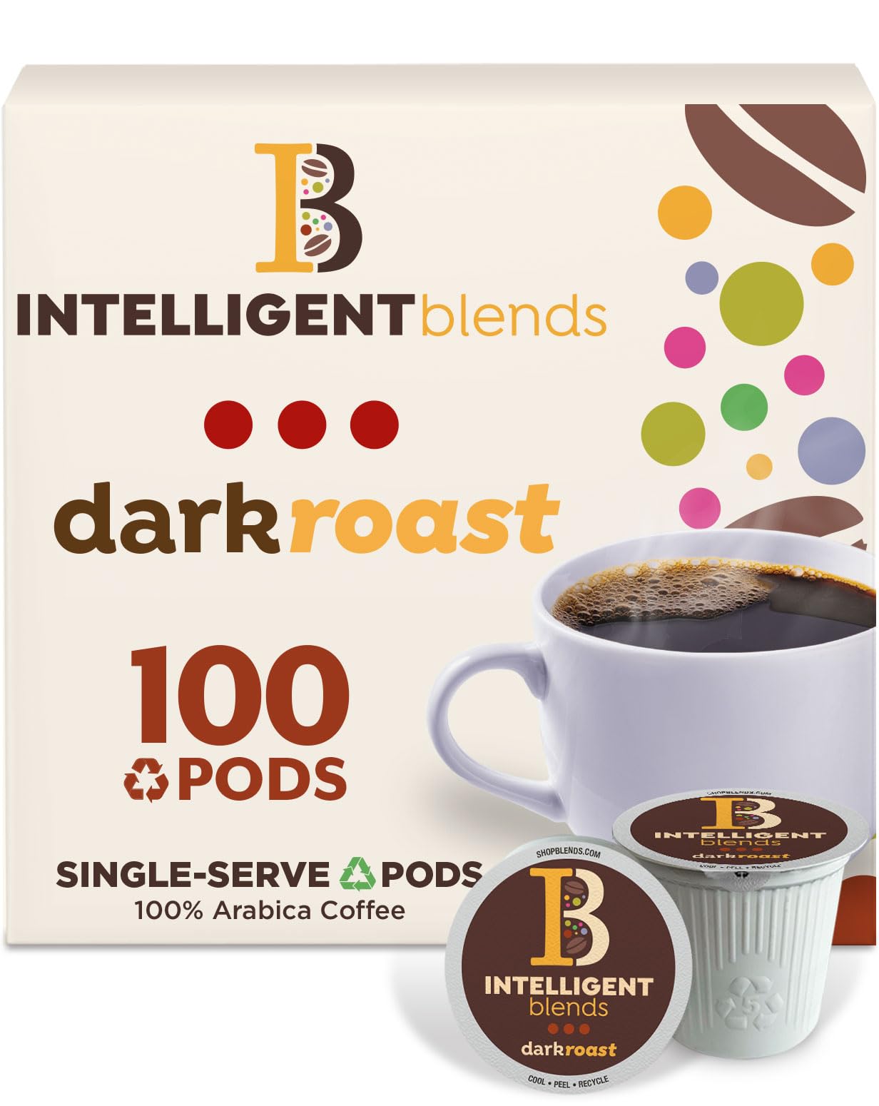 Intelligent Blends Dark Roast Coffee Pods - 100% Arabica, KCup Compatible, 100 Count, Recyclable, Solar Energy Produced