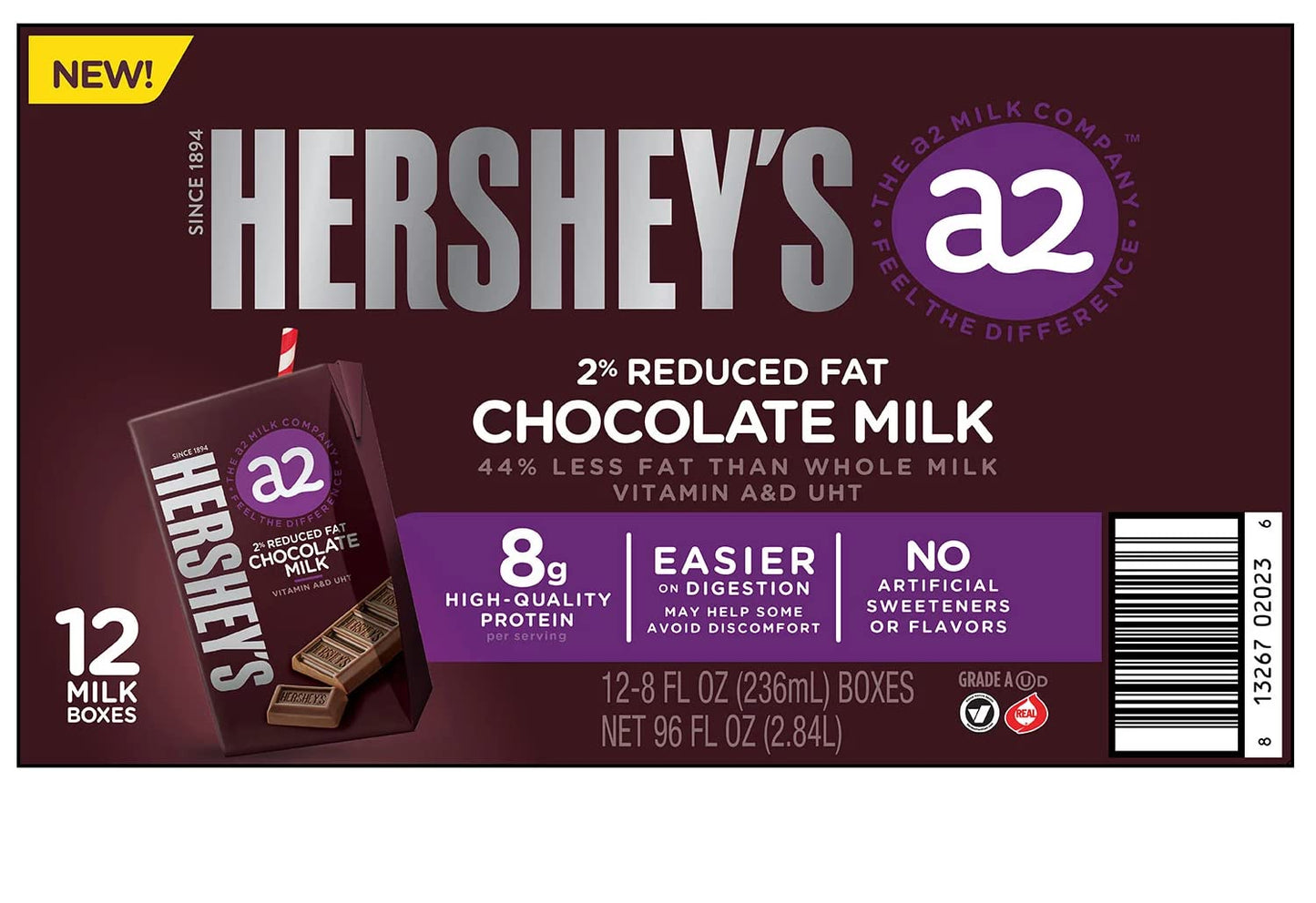 Hersheys A2 Milk 2% Reduced Fat Chocolate Milk, 8 fl. oz. Pack of 12, 18.5 cm x 11.9 cm x 21.