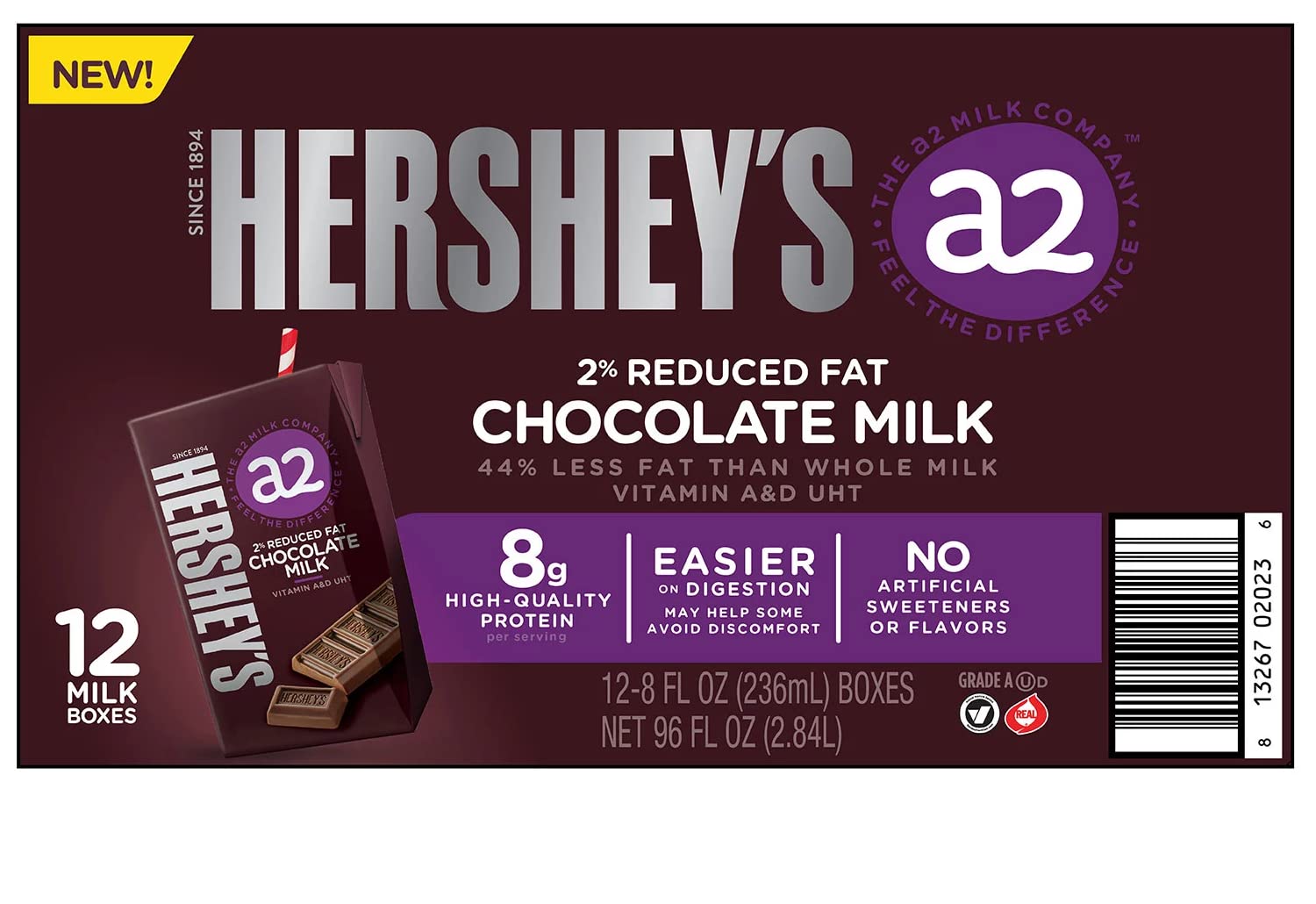 Hersheys A2 Milk 2% Reduced Fat Chocolate Milk, 8 fl. oz. Pack of 12, 18.5 cm x 11.9 cm x 21.