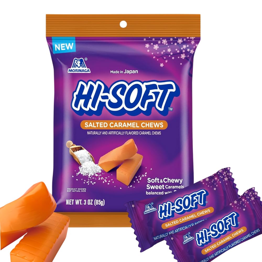HI-SOFT Salted Caramel Chews, 6 Stand Up Pouches, 3 oz - Soft, Taffy Salted Caramel Chewy Candy for Sharing Treats - Bulk Candy 