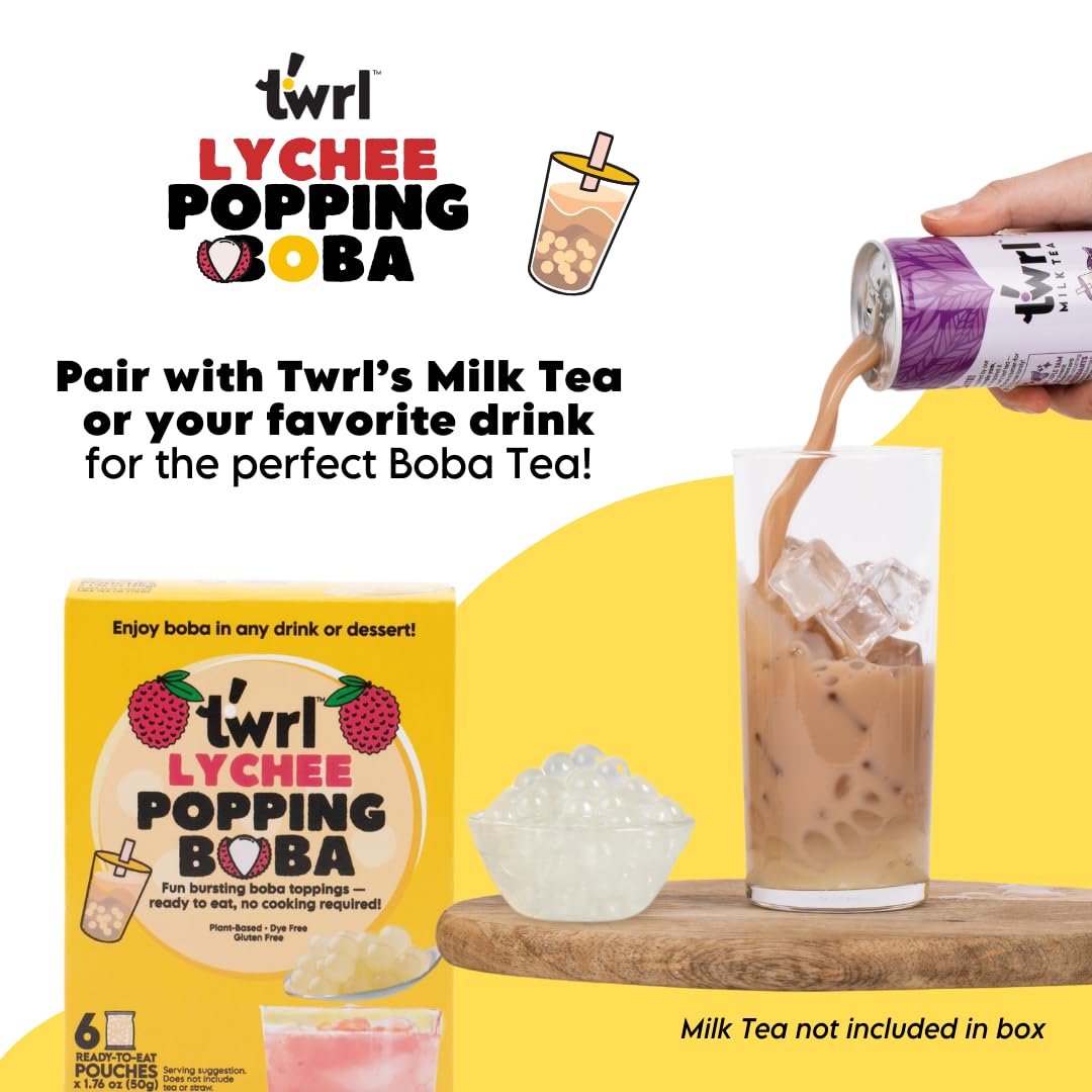 Twrl Lychee Popping Boba for Bubble Tea - Cafe Style Bursting Juice-Filled Pearl Toppings at Home  Instant  Plant-Based  Gluten-Free  Dye-Free  No High Fructose Corn Syrup - 6 Single Servings