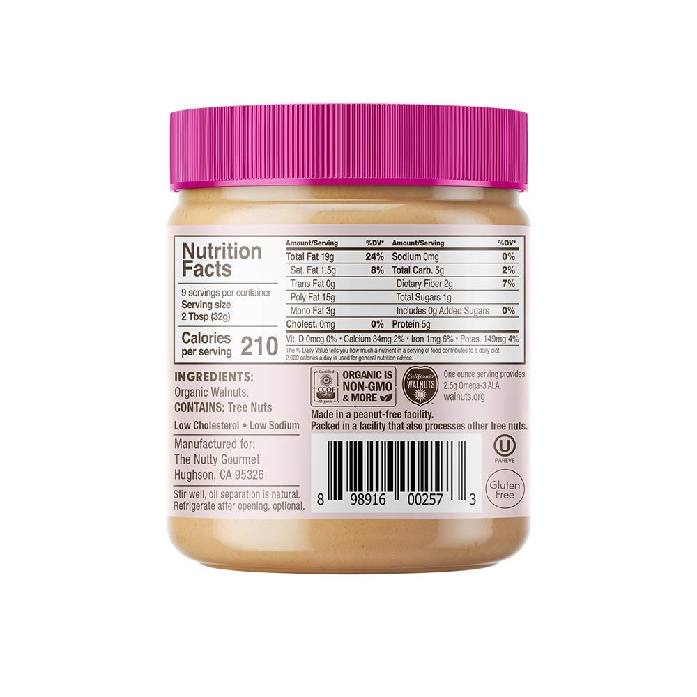 Nutty Gourmet Organic Walnut Butter - Raw Nut Butter - No Added Sugar - Unsalted - All Natural - Peanut Free - Vegan - Californi