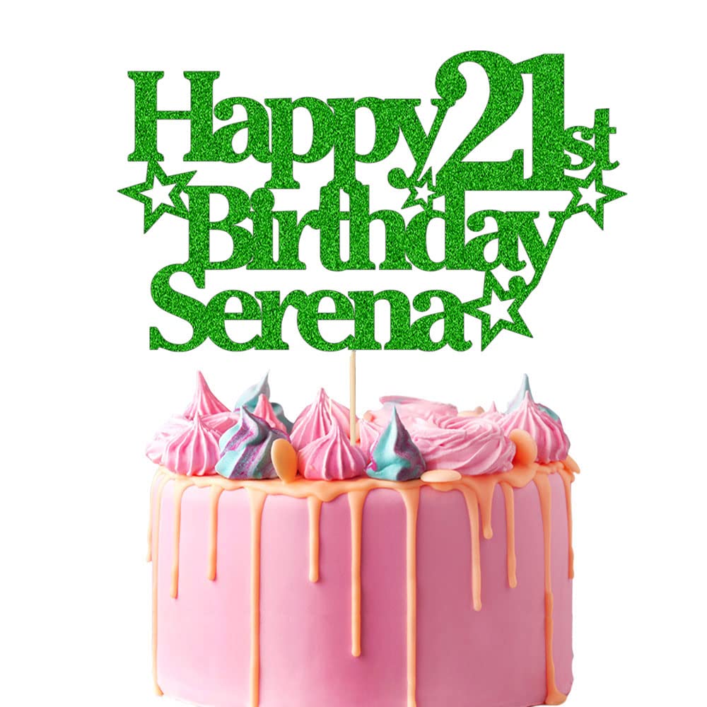 EDSG Personalized Happy Birthday Cake Topper, Custom Multicolor Glitter Decoration, Green, Any Name Any Age